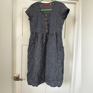 Pyne & Smith No. 11 Indigo Striped Linen Midi Dress in Navy Blue stripes.